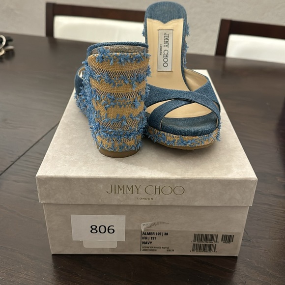 Jimmy Choo Almer 105 Denim w/fringed raffia in navy - Picture 4 of 5